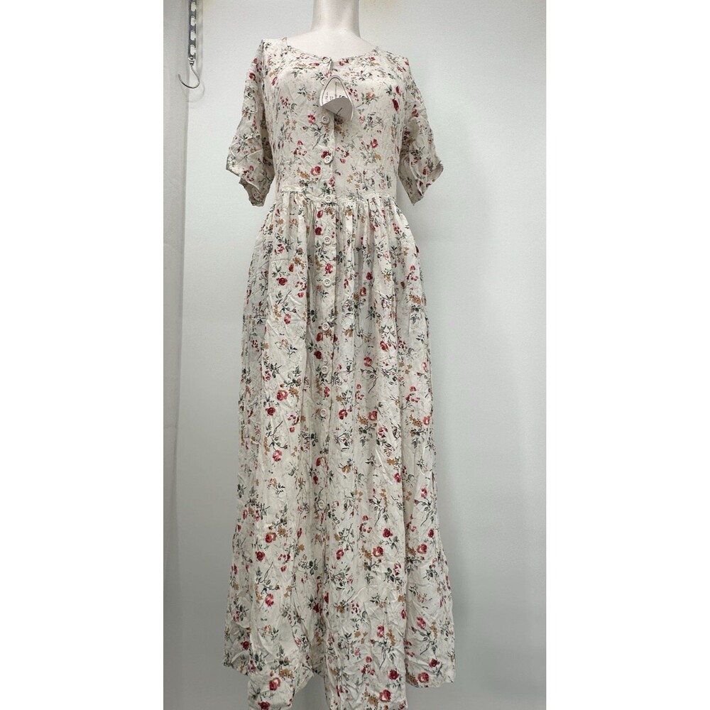 Vintage Cottagecore Maxi Dress cream Floral Short s Tie Back Y2KNew M rayon
